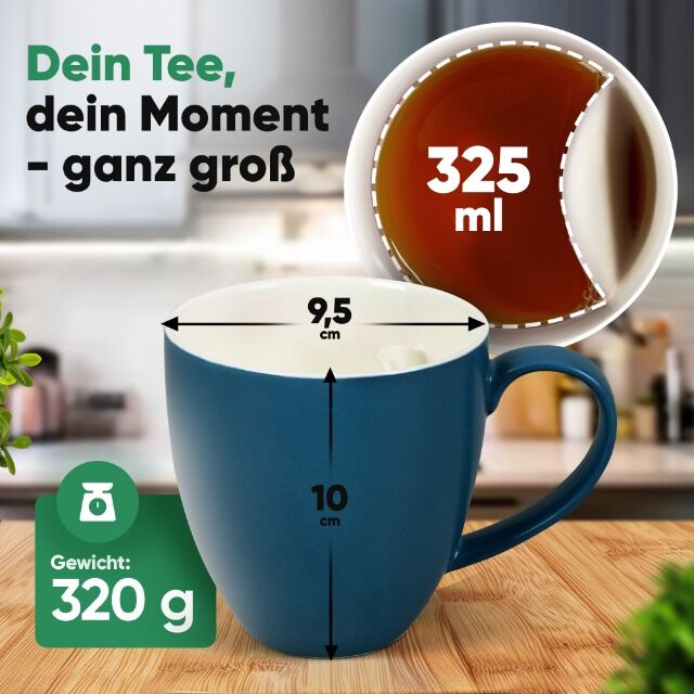 Patentierte Keramik-Teetasse 325 ml – Farben Blau, Grau, Weiß & Beige – mit oder ohne Magnet-Geschenkbox – exklusive Lizenz 