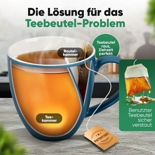 Patentierte Keramik-Teetasse 325 ml – Farben Blau, Grau, Weiß & Beige – mit oder ohne Magnet-Geschenkbox – exklusive Lizenz 