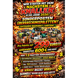 Baumarkt / Garten Überraschungspalette – ab 299 € – Warenwert mind. 600 € – B2B Paletten Aktion Sonderposten Neuware A 