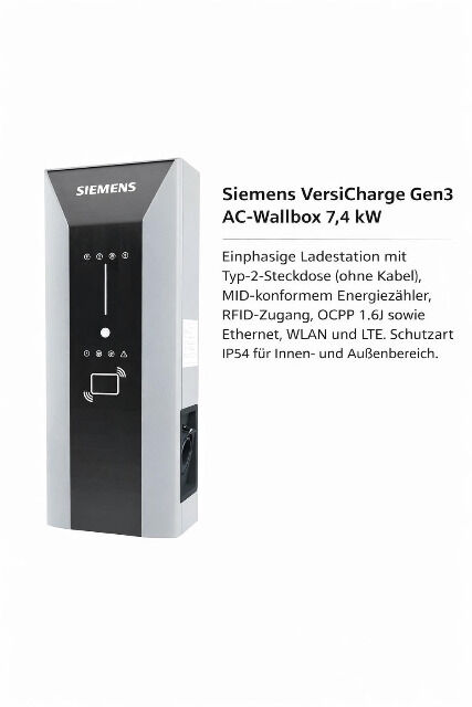 Siemens VersiCharge Gen3 AC-Wallbox 7,4 kW, Typ-2-Steckdose, App- & OCPP-fähig, RFID, MID-Zähler, Ethernet/WLAN.
