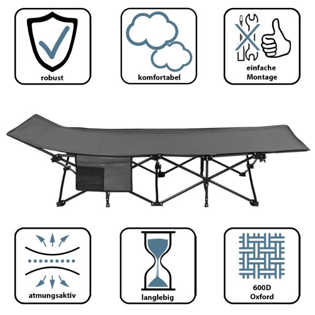 ALPIDEX Campingbett Feldbett 190 x 67 x 40 cm bis 200 kg belastbar mit Seitentasche