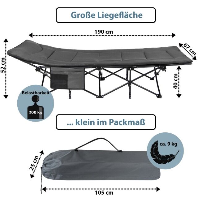ALPIDEX Campingbett Feldbett 190 x 67 x 40 cm bis 200 kg belastbar mit Seitentasche