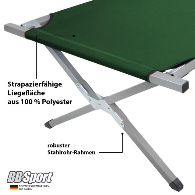 XXL Feldbett 210 x 72 x 45 cm – schwer entflammbar nach DIN 4102-1 (B1), bis 200 kg belastbar, robust & langlebig
