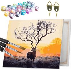 Malerei nach Zahlen 40x50 cm auf Rahmen Hirsch bei Sonnenuntergang