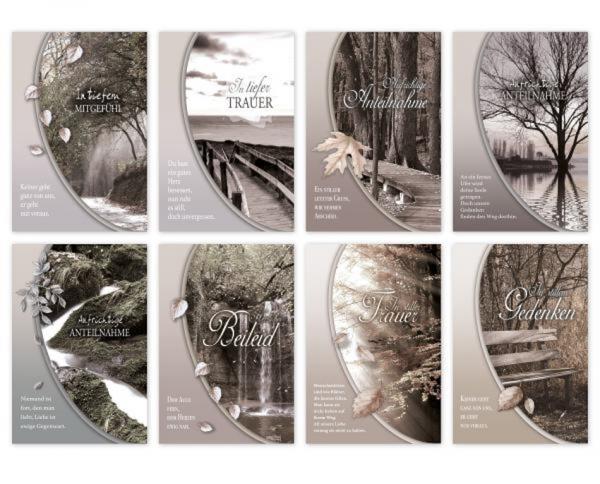 Trauerkarte mit Bild und Text - 100 St&uuml;ck - 8 Motive - 11,5 x 17,5 cm