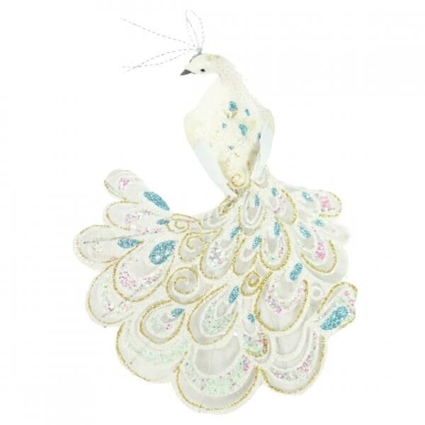 Pfau auf Clip Glitter weiß 18 cm