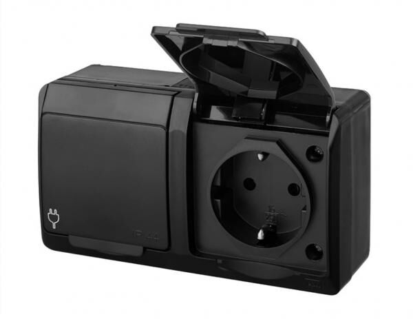 asvendo elektro HERMES moderne Aufputz-Serie/Lichtschalter/Doppelschalter/Steckdose/ IP44 Wassergeschützt/Außenbereich/Schwarz (2-fach)