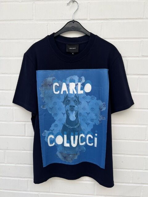 Carlo Colucci Tshirt Dobermann Hund Dog blau Organic Cotton Neopren Aufnäher