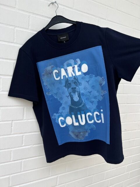 Carlo Colucci Tshirt Dobermann Hund Dog blau Organic Cotton Neopren Aufnäher