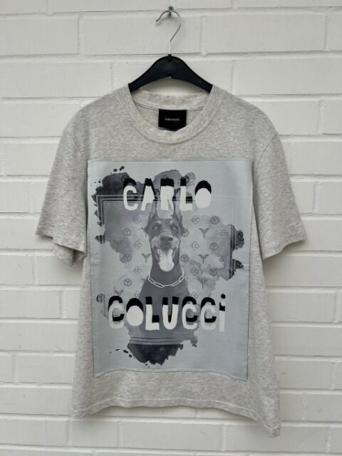 Carlo Colucci TShirt Dobermann Hund grau Baumwolle Neopren Aufnäher