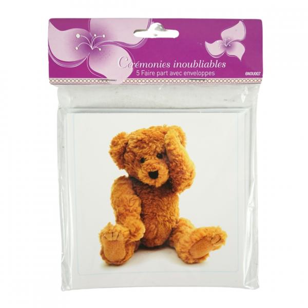 Benachrichtigungskarten Baby Shower Teddybär 12 cm 5 Stück.