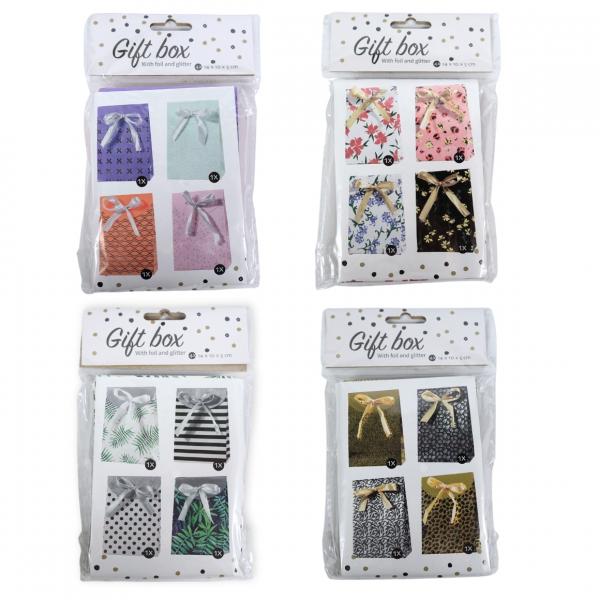 Geschenkbox 4 Stück mit Schleife & Glitter 14 cm 4 sortiert