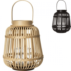 H&S Collection lantaarn Bamboo met glas 24 cm 2 assorti