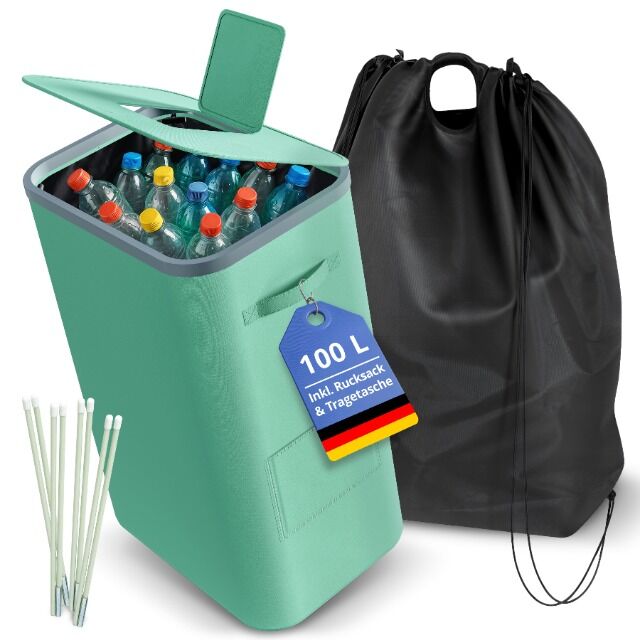 Pfandflaschen Sammelbehälter 100L mit 2 Innenbeuteln (Rucksackfunktion) – 600 Stück – Lager DE