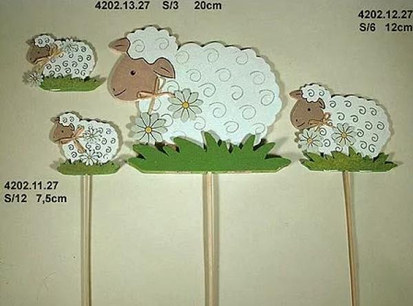Holzschaf mit Stab, 12er- Box ca. 7 x7 cm Deko Ostern Frühling