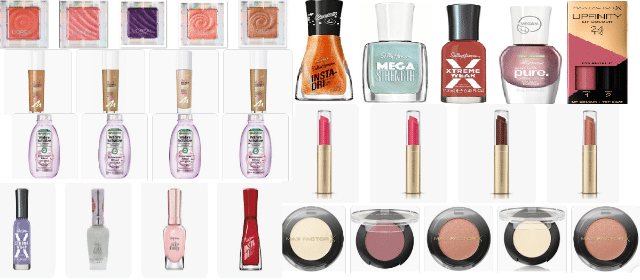 LOREAL, Maybelline, Manhattan, Max Factor,  Rimmel, Garnier, MISS SPORTY, FRUSTIS, BOURJOIS, P2  