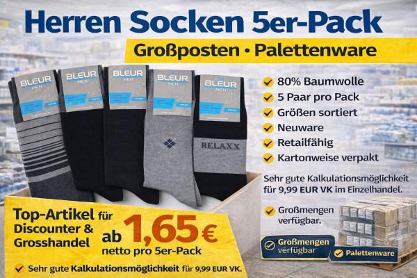 Herren Socken 5er-Pack – 80% Baumwolle – Grossposten – Palettenware