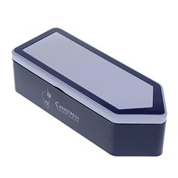 Metal box with arrow-shaped lid, blue