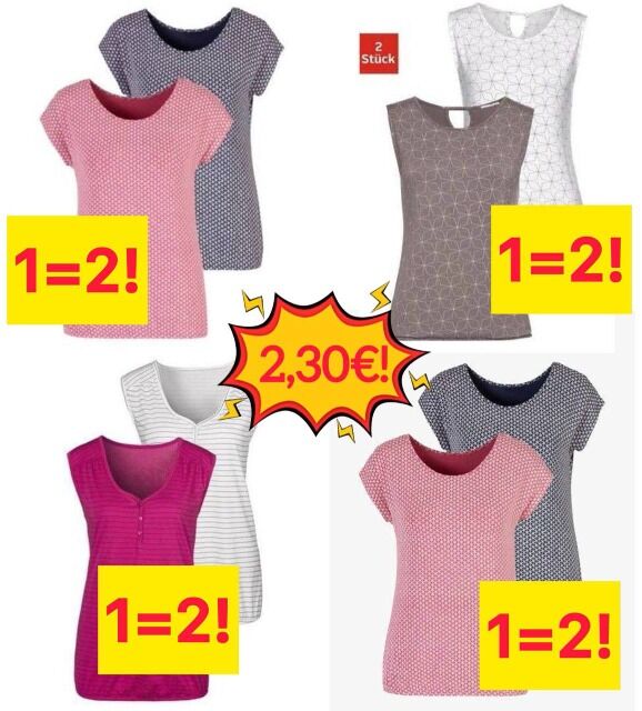 2,30 € 2 Damen-Shirts pro Packung – 3/4-Ärmel, Größen 38–56, ab 20 Verpackungen, Lager in Wiesbaden, sofort versandbereit