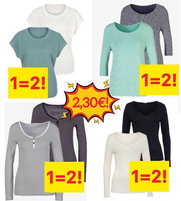 2,30 € 2 Damen T-Shirts 3/4 Arm pro Pack, Größen 38–56, neu aus DE Katalogen, ab 20 Packungen, Lager Wiesbaden