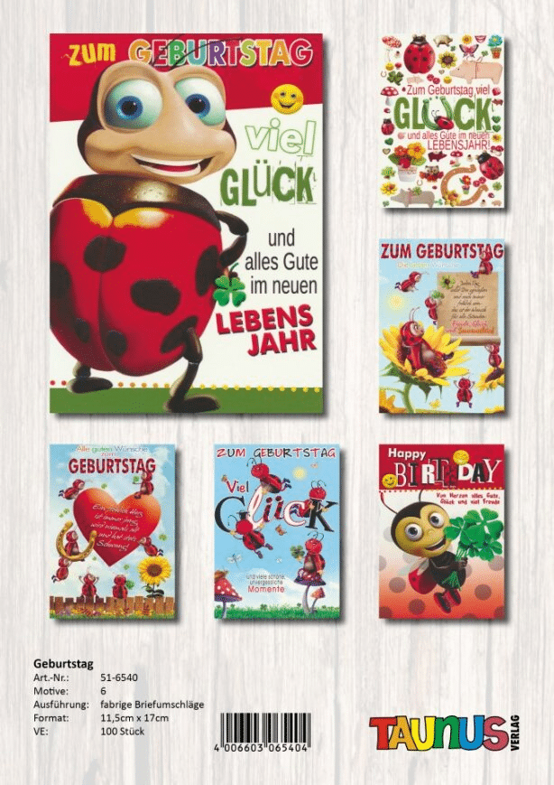 Geburtstagskarten Marienk&auml;fer - 100 St&uuml;ck - 6 Motive