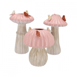 Vaas Bird Mushroom roze 20 cm 3 assorti