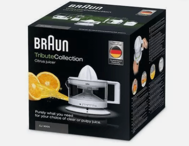 BRAUN CJ3000 elektrische Zitruspresse in Weiß mit 20W Leistung für die einfache Zubereitung frischer Säfte. Kompaktes Design, spülmaschineng