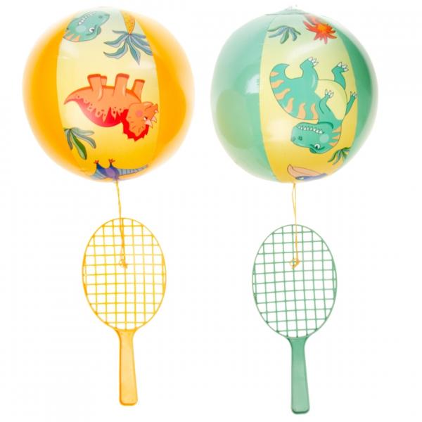 Tennisschläger mit Ball auf Gummiband dino 24 cm 2 assorti