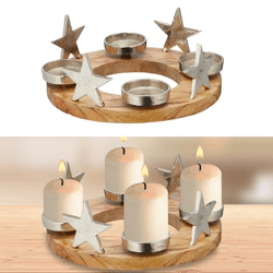 Advent candlestick, star with wood, round, approx. 30cmD