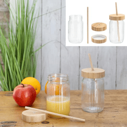 Drinking glass with bamboo straw and lid, approx. 400ml