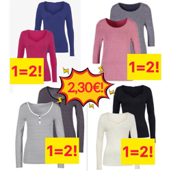 2,30 € 2 Damen T-Shirts pro Packung 3/4 Ärmel Größen 38–56 neu aus deutschen Katalogen Mindestbestellung 20 Packungen Ware auf Lager Versand