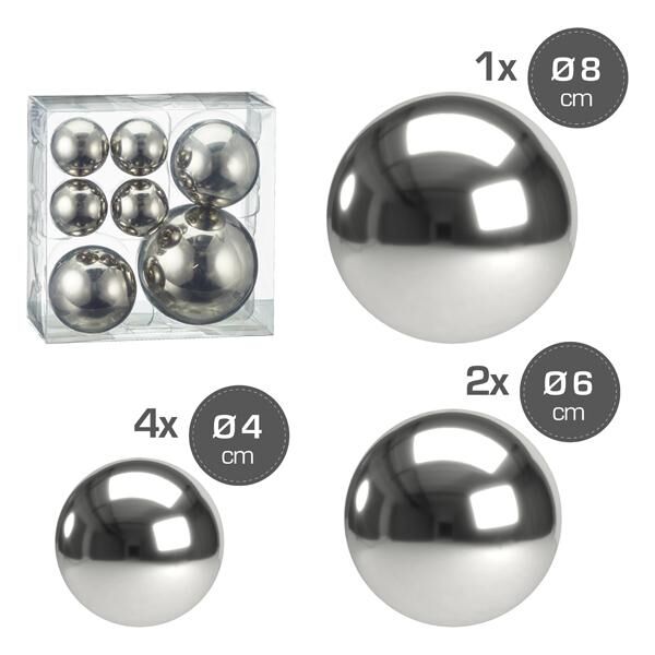 Deko Kugeln silber, 3 Gr&ouml;&szlig;en sortiert, 7er Set