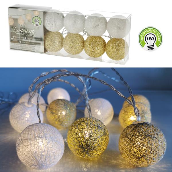 LED Lichterk. Cottonball, wei&szlig;/gold, 10LED, ca. 300cmL, 6cmD