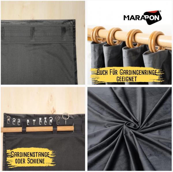 MARAPON® Gardinen aus Samt in Grau (2 Stück) mit Multifunktionsband 2,45 x 1,4 m (LxB) - verdunkelnd