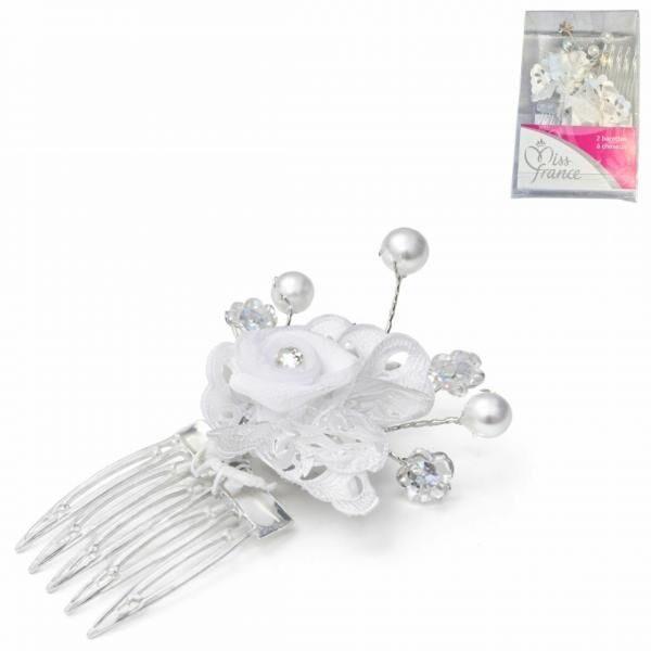 Hair clip artificial flower white 9 cm set of 2