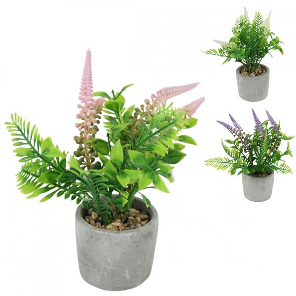 Artificial plant lavender in cement pot 22 cm 3 assorti