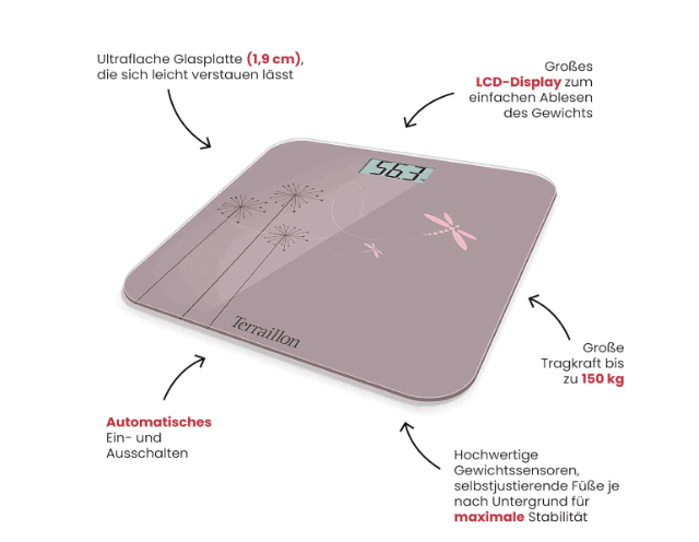 Terraillon Eden Personenwaage Rosa – Digitale Körperwaage für präzise Gewichtsmessung