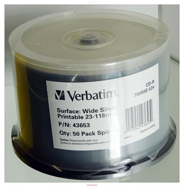 Verbatim CD-R 700MB, 52x, 50er Spindel. Wide Silver, Printable 23-118mm. PN43653