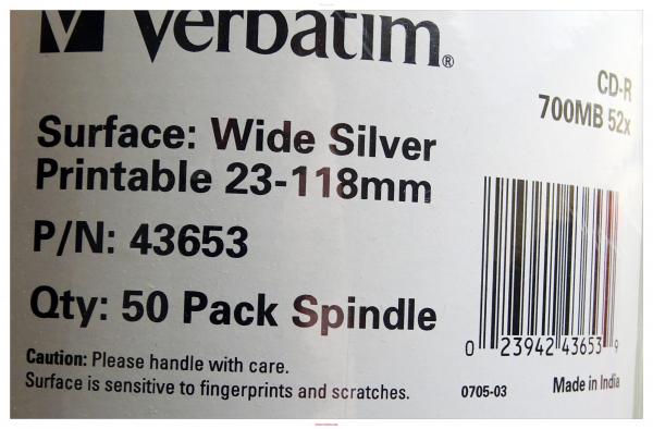 Verbatim CD-R 700MB, 52x, 50er Spindel. Wide Silver, Printable 23-118mm. PN43653