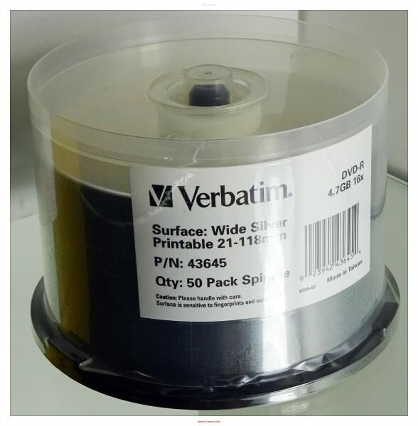 Verbatim DVD-R 4,7GB 16x 50er Spindel. Wide Silver, Printable 21-118mm. PN43645