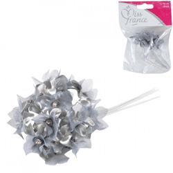 Miss France Satinblumen mit Strasssteinen grau 13 cm 12 Stück