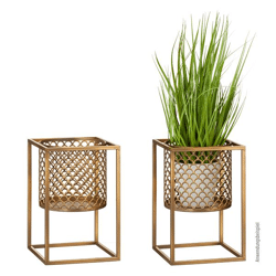 Round plant pot on square base, gold, large, approx. 25 cm high