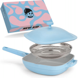 Bratpfanne 28cm beschichtete Pfanne Antihaft mit Deckel und Edelstahlsieb blau