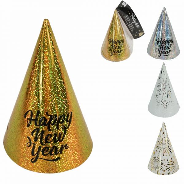 Cool2party Partyhüte mit Gummizug Happy New Year 20 cm 6 Stück 4fach sortiert