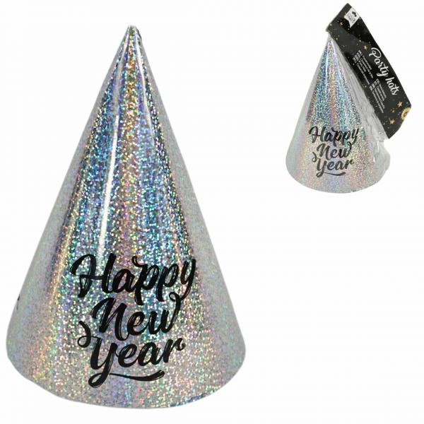 Cool2party Partyhüte mit Gummizug Happy New Year 20 cm 6 Stück 4fach sortiert