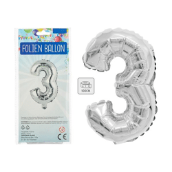Foil balloon, number, 3, approx. 100cmH, silver