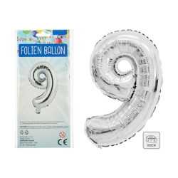 Foil balloon, number, 9, approx. 100cmH, silver