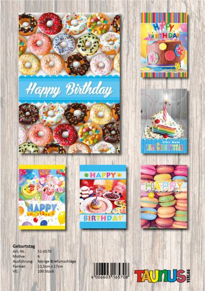 Geburtstagskarten - 100 St&uuml;ck - 6 Motive