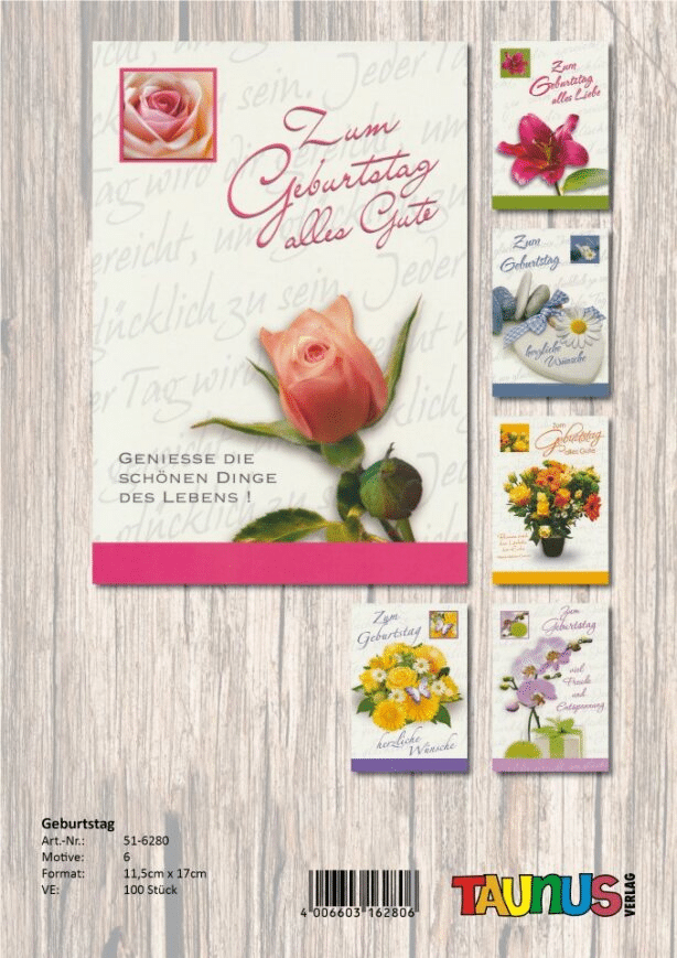 Geburtstagskarten Blume - 100 St&uuml;ck - 6 Motive