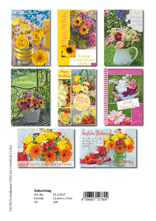 Geburtstagskarten Blumen - 100 St&uuml;ck - 8 Motive